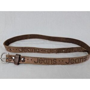 Vintage Brown Thin Leather Belt JEANS Spellout Western Cowboy 70s 80s Cowgirl